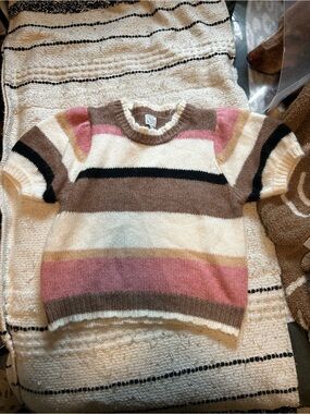 Francesca's Collections Striped Short-Sleeve Sweater in Pink, Cream & Brown